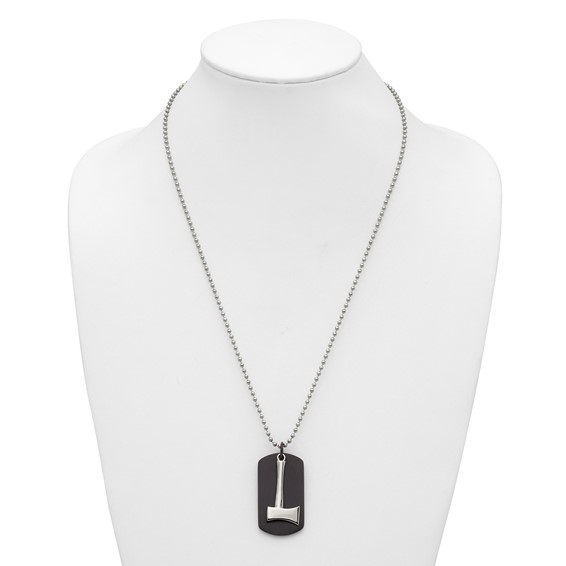 Chisel Stainless Steel Brushed and Polished Black IP-plated Dog Tag with Axe Pendant on a 24 inch Ball Chain Necklace