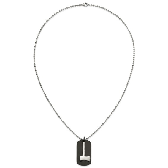 Chisel Stainless Steel Brushed and Polished Black IP-plated Dog Tag with Axe Pendant on a 24 inch Ball Chain Necklace