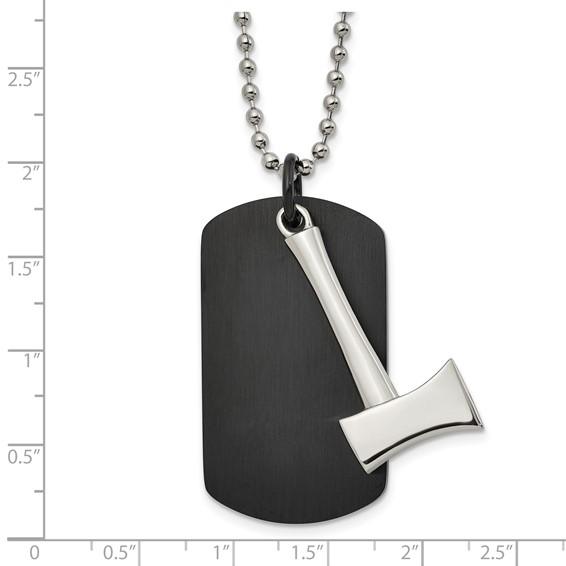 Chisel Stainless Steel Brushed and Polished Black IP-plated Dog Tag with Axe Pendant on a 24 inch Ball Chain Necklace
