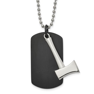 Chisel Stainless Steel Brushed and Polished Black IP-plated Dog Tag with Axe Pendant on a 24 inch Ball Chain Necklace