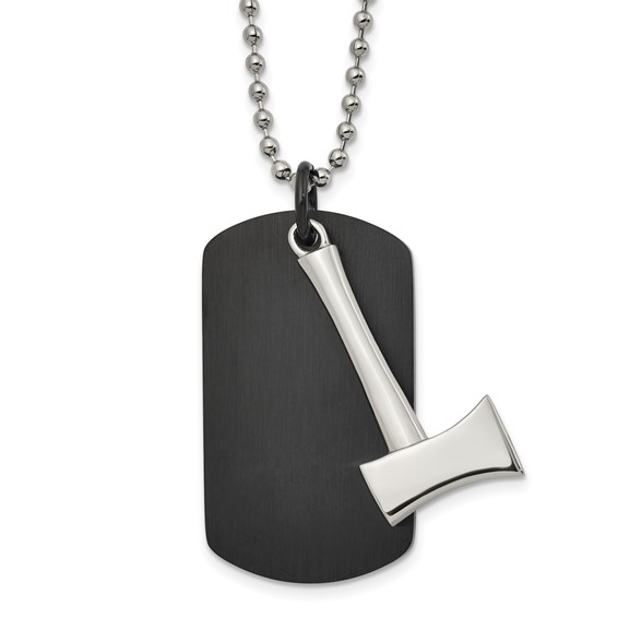 Chisel Stainless Steel Brushed and Polished Black IP-plated Dog Tag with Axe Pendant on a 24 inch Ball Chain Necklace