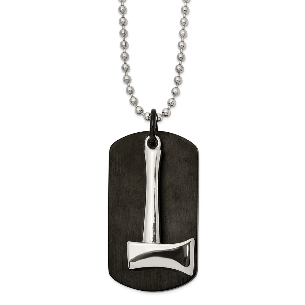 Stainless Steel Brushed and Polished Black IP-plated Axe Dog Tag Necklace