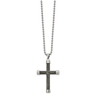 Stainless Steel Polished Necklace with Gray Wood Inlay Cross, 24" view 1