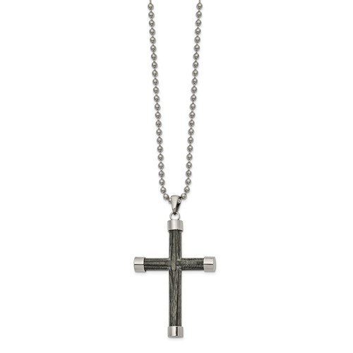 Stainless Steel Polished Necklace with Gray Wood Inlay Cross, 24"