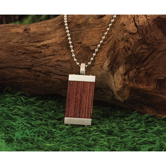 Chisel Stainless Steel Brushed with Wood Inlay Pendant on a 22 inch Ball Chain Necklace