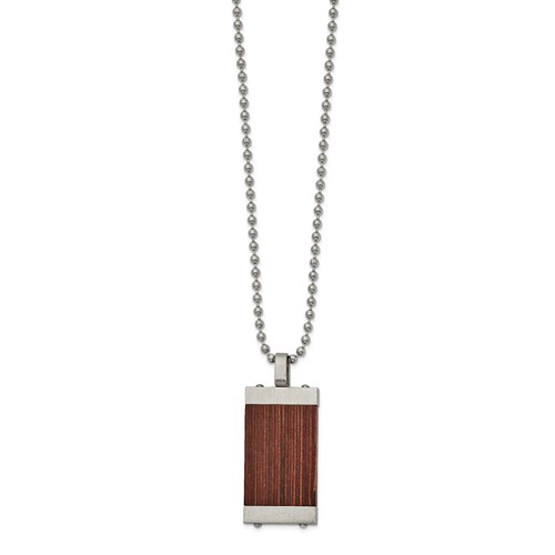 Chisel Stainless Steel Brushed Necklace with Wood Inlay Pendant on a Ball Chain, 22"