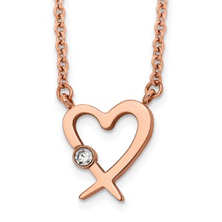 Chisel Stainless Steel Polished Rose IP-plated with Austrian Crystal Heart on a 16 inch Cable Chain with a 2 inch Extension Necklace