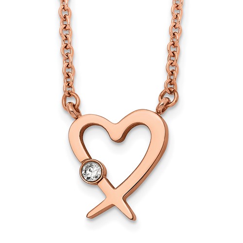 Chisel Stainless Steel Polished Rose IP-plated Necklace with Austrian Crystal Heart on a Cable Chain with a 2 Inch Extension, 16"