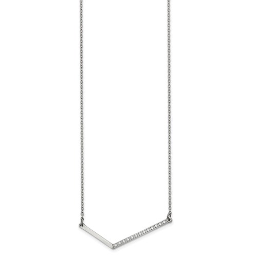 Chisel Stainless Steel Polished CZ Angled Bar on a Cable Chain Necklace, 17.5"