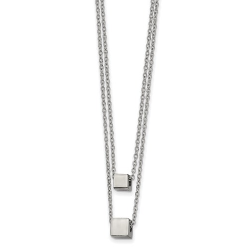 Chisel Stainless Steel Polished Square Beads on a Two Strand Cable Chain Necklace with a 2 Inch Extension, 17"