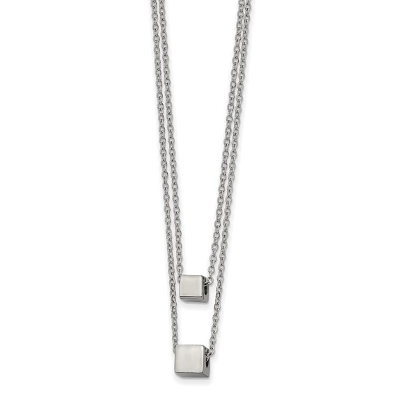 Chisel Stainless Steel Polished Square Beads on a Two Strand 17 inch Cable Chain with a 2 inch Extension Necklace