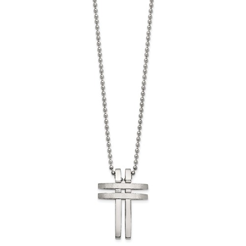 Stainless Steel Brushed and Polished Cross Necklace, 22"