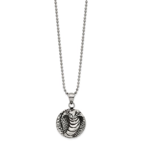 Chisel Stainless Steel Antiqued Polished and Textured Cobra Pendant on a Ball Chain Necklace, 22"