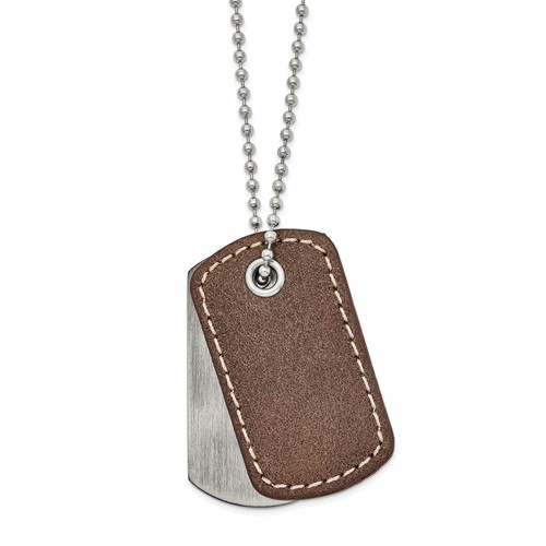 Chisel Stainless Steel Antiqued and Brushed Necklace with Brown Leather 2 Piece Dog Tags on a Ball Chain, 22"