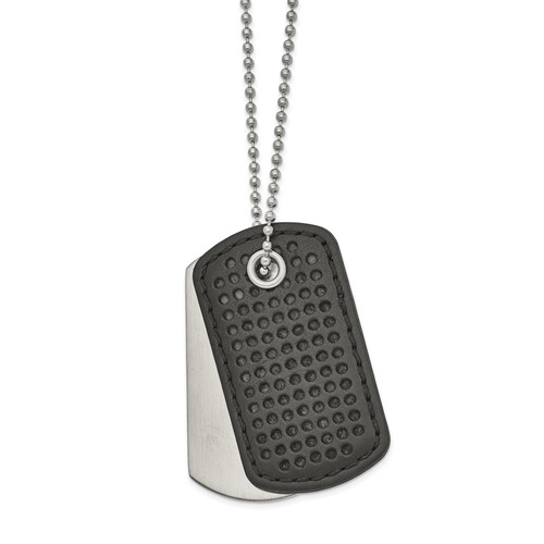 Chisel Stainless Steel Brushed Black Textured Leather 2 Piece Dog Tags on a Ball Chain Necklace, 22"