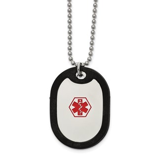 Chisel Stainless Steel Polished with Red Enamel and Removeable Black Rubber Medical ID Dog Tag on a  24 inch Ball Chain Necklace