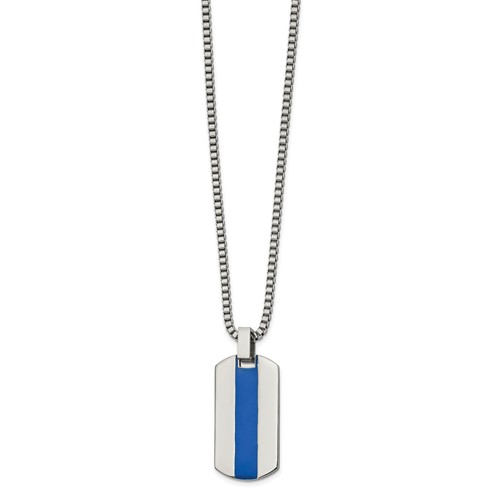 Stainless Steel Polished Necklace with Blue Enamel Dog Tag, 20"