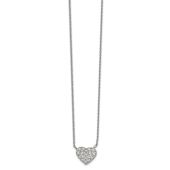 Chisel Stainless Steel Polished CZ Heart on a 17 inch Cable Chain with a 2.5 inch Extension Necklace