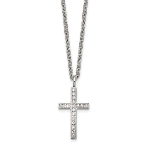 Chisel Stainless Steel Polished CZ Cross Pendant on a Cable Chain Necklace, 20"