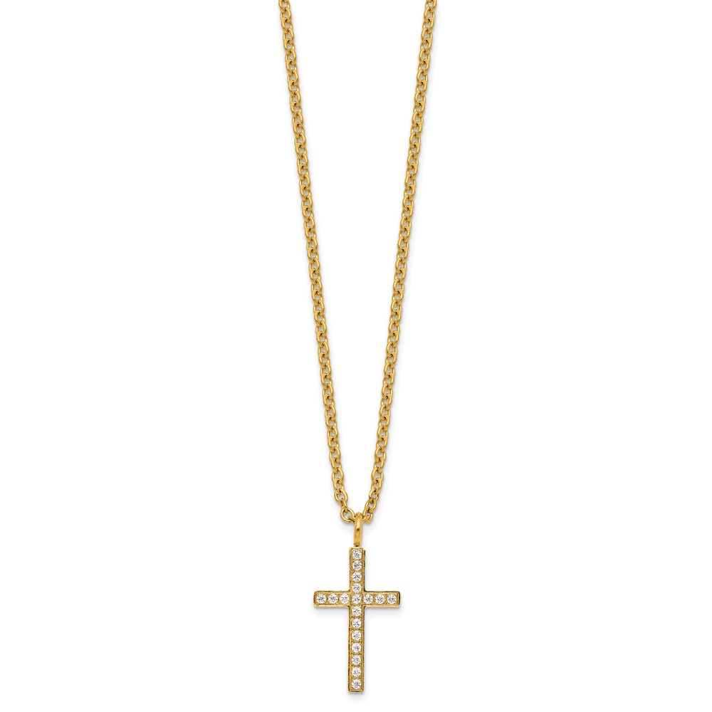 Chisel Stainless Steel Polished Yellow IP-plated CZ Cross Pendant on a Cable Chain Necklace, 20"