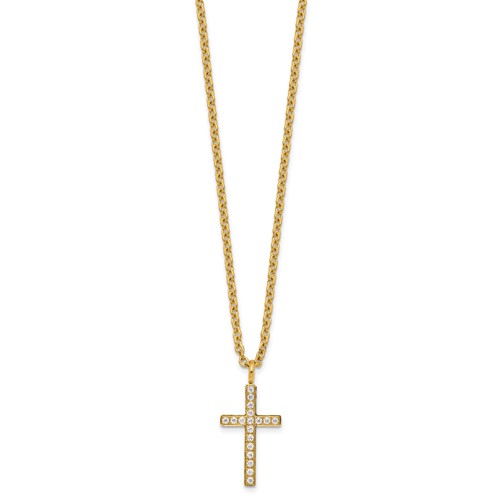 Chisel Stainless Steel Polished Yellow IP-plated CZ Cross Pendant on a Cable Chain Necklace, 20"
