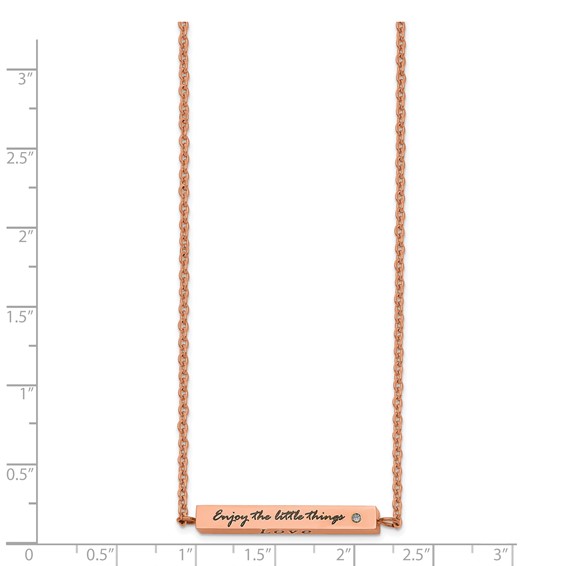 Chisel Stainless Steel Polished Rose IP-plated Enameled CZ ENJOY THE LITTLE THINGS Bar on a 16 inch Cable Chain with a 2 inch Extension Necklace