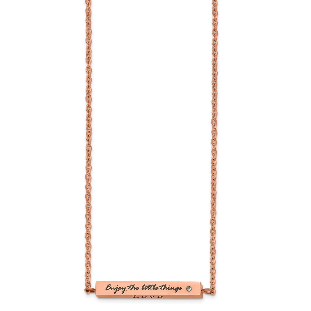 Stainless Steel Polished Rose IP w/CZ ENJOY 16in w/2in ext Bar Necklace