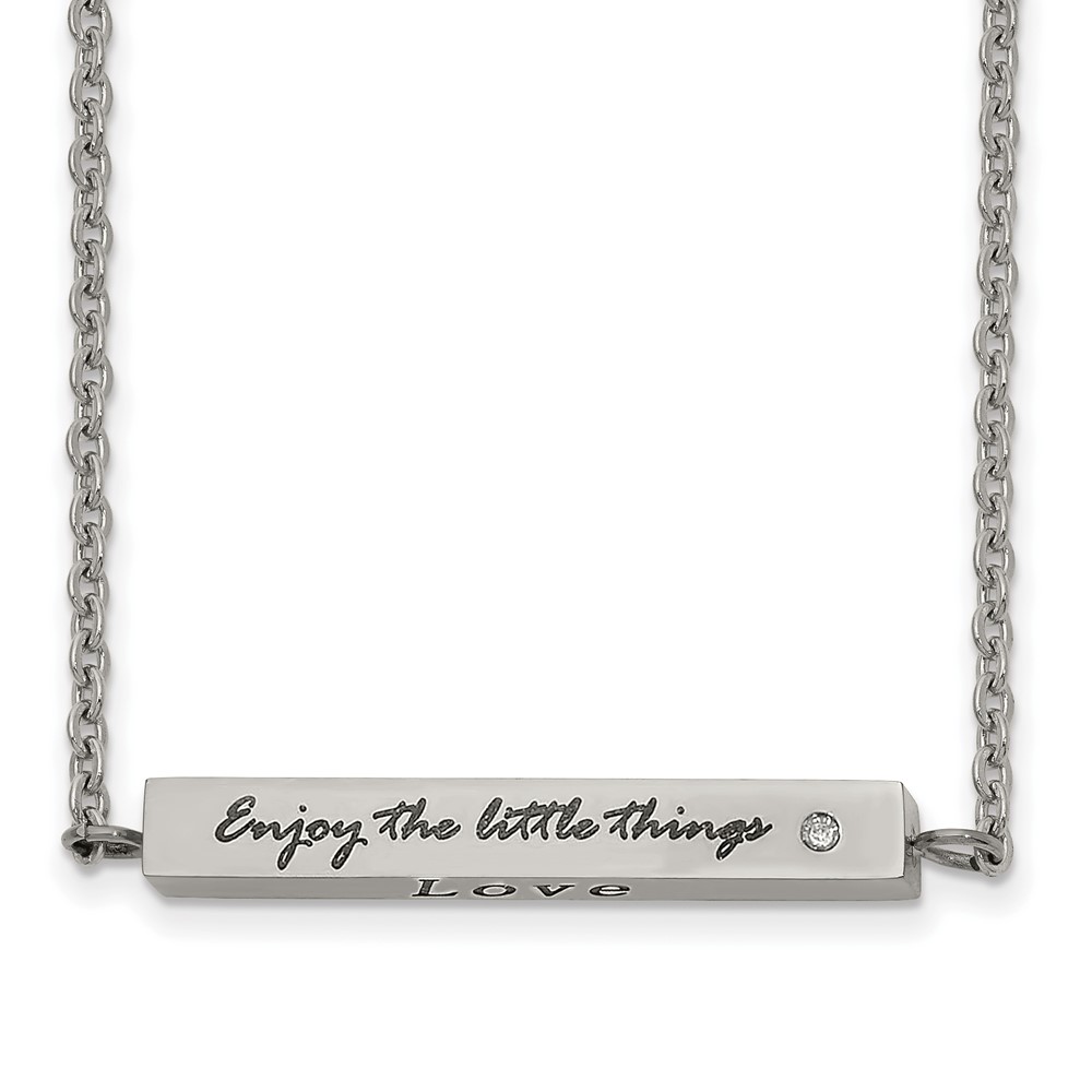 Stainless Steel Polished w/CZ ENJOY 16in w/2in ext Bar Necklace