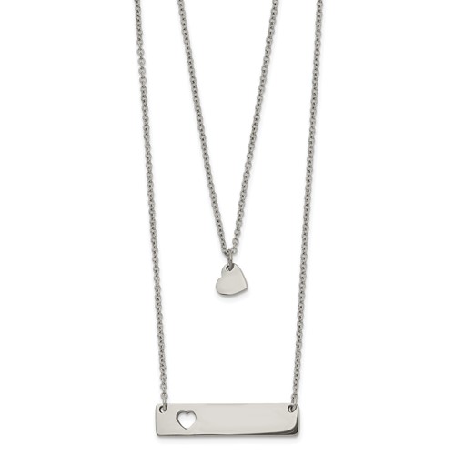 Chisel Stainless Steel Polished Heart and Bar Multi Strand Cable Chain Necklace with a 1.5 Inch Extension, 15.5"