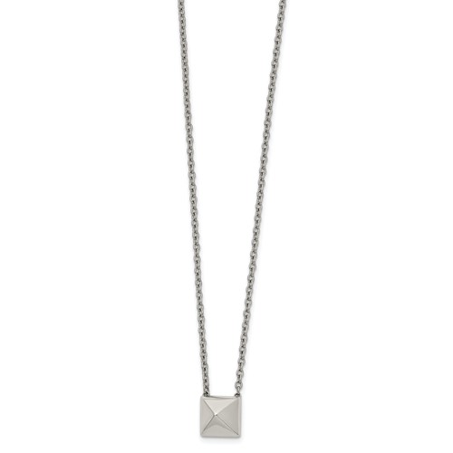 Stainless Steel Polished Pendant Square Stud Necklace with 2 in Ext, 16"