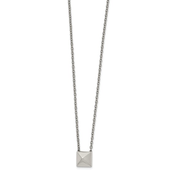 Stainless Steel Polished Pendant Square Stud 16in w/2 in ext  Necklace