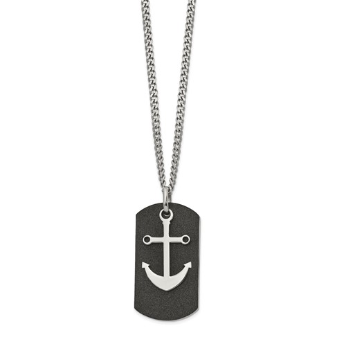 Stainless Steel Polished Black IP-plated Laser Cut Anchor Necklace, 22"