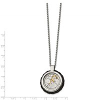 Chisel Stainless Steel Brushed and Polished Yellow IP-plated Necklace with CZ and Leather Edge Pendant on a Cable Chain, 22" view 2
