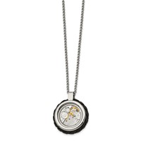 Chisel Stainless Steel Brushed and Polished Yellow IP-plated Necklace with CZ and Leather Edge Pendant on a Cable Chain, 22" view 1
