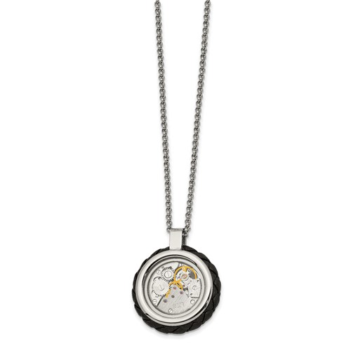 Chisel Stainless Steel Brushed and Polished Yellow IP-plated Necklace with CZ and Leather Edge Pendant on a Cable Chain, 22"