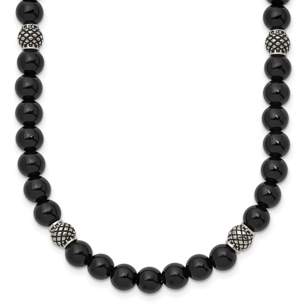 Stainless Steel Antiqued & Polished Blk Agate Beaded w/2in ext. Necklace