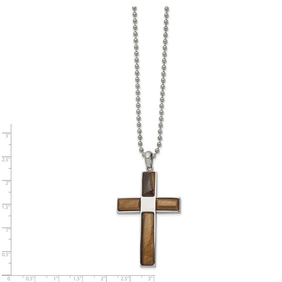 Chisel Stainless Steel Polished with Tiger's Eye Cross Pendant on a 22 inch Ball Chain Necklace