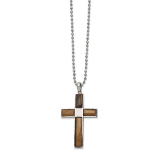 Chisel Stainless Steel Polished with Tiger's Eye Cross Pendant on a 22 inch Ball Chain Necklace