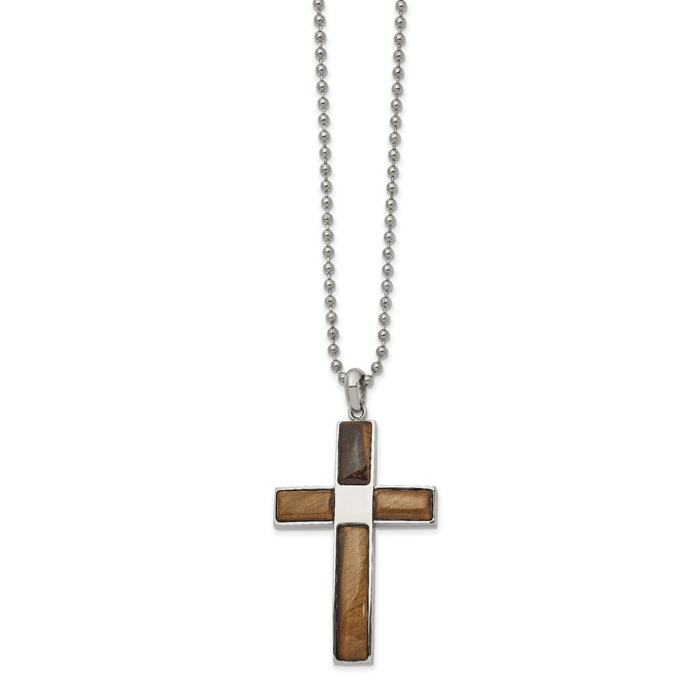 Stainless Steel Polished with Tiger's Eye Cross 22 inch Necklace