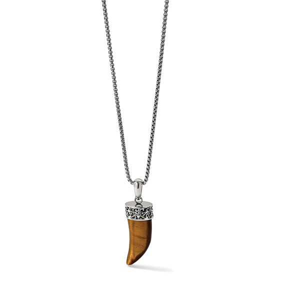 Chisel Stainless Steel Polished Tiger's Eye Horn Pendant on a 24 inch Box Chain Necklace