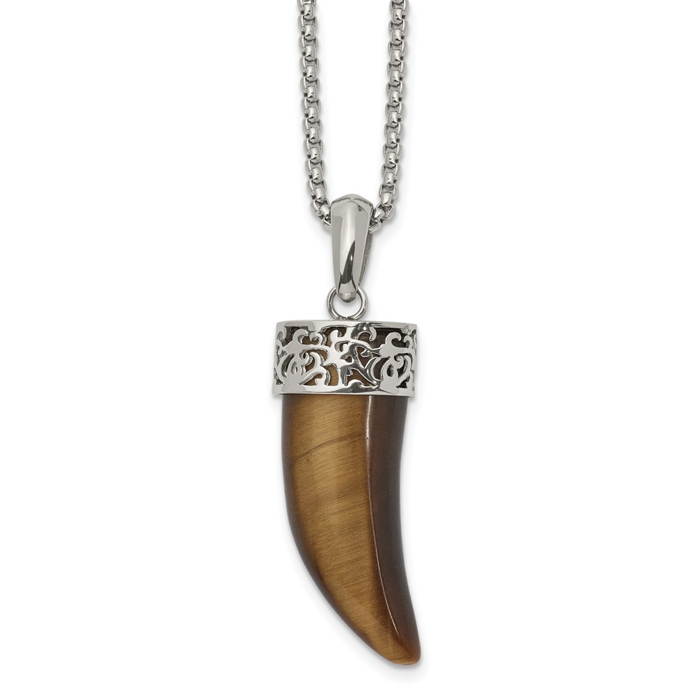Stainless Steel Polished Tiger's Eye Horn 24in Necklace