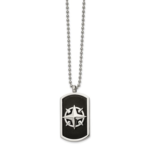 Chisel Stainless Steel Brushed and Polished Black IP-plated Compass Dog Tag on a Ball Chain Necklace, 24"
