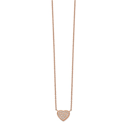 Chisel Stainless Steel Polished Rose IP-plated CZ Heart on a Cable Chain Necklace with a 1 Inch Extension, 17.25"