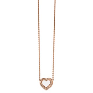 Chisel Stainless Steel Polished Rose IP-plated White Enamel with CZ Heart on a 19 inch Cable Chain with a 2 inch Extension Necklace