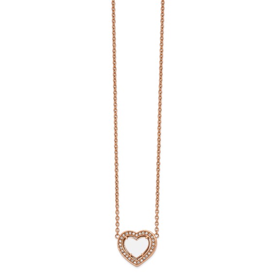 Chisel Stainless Steel Polished Rose IP-plated White Enamel with CZ Heart on a 19 inch Cable Chain with a 2 inch Extension Necklace