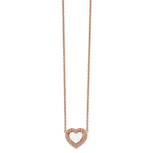 Chisel Stainless Steel Polished Rose IP-plated White Enamel Necklace with CZ Heart on a Cable Chain with a 2 Inch Extension, 19"