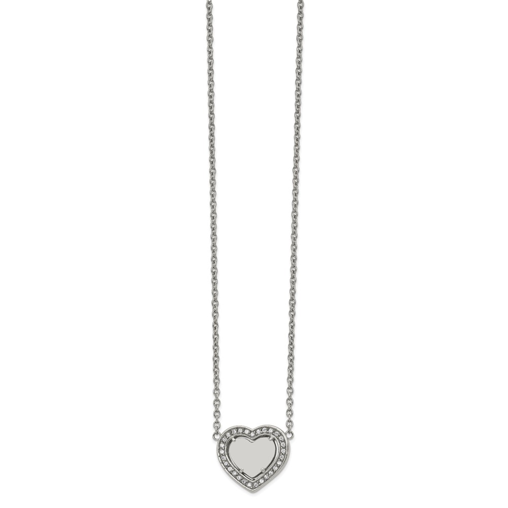 Stainless Steel Polished w/CZ Heart 19.25in w/2in ext Necklace