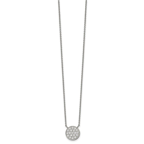 Chisel Stainless Steel Polished CZ Circle on a Cable Chain Necklace with a 2 Inch Extension, 17"