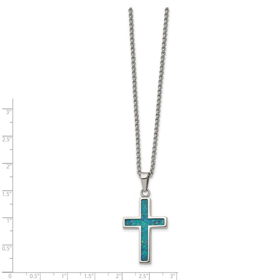 Chisel Stainless Steel Polished with Imitation Opal Small Cross Pendant on a 22 inch Rolo Chain Necklace