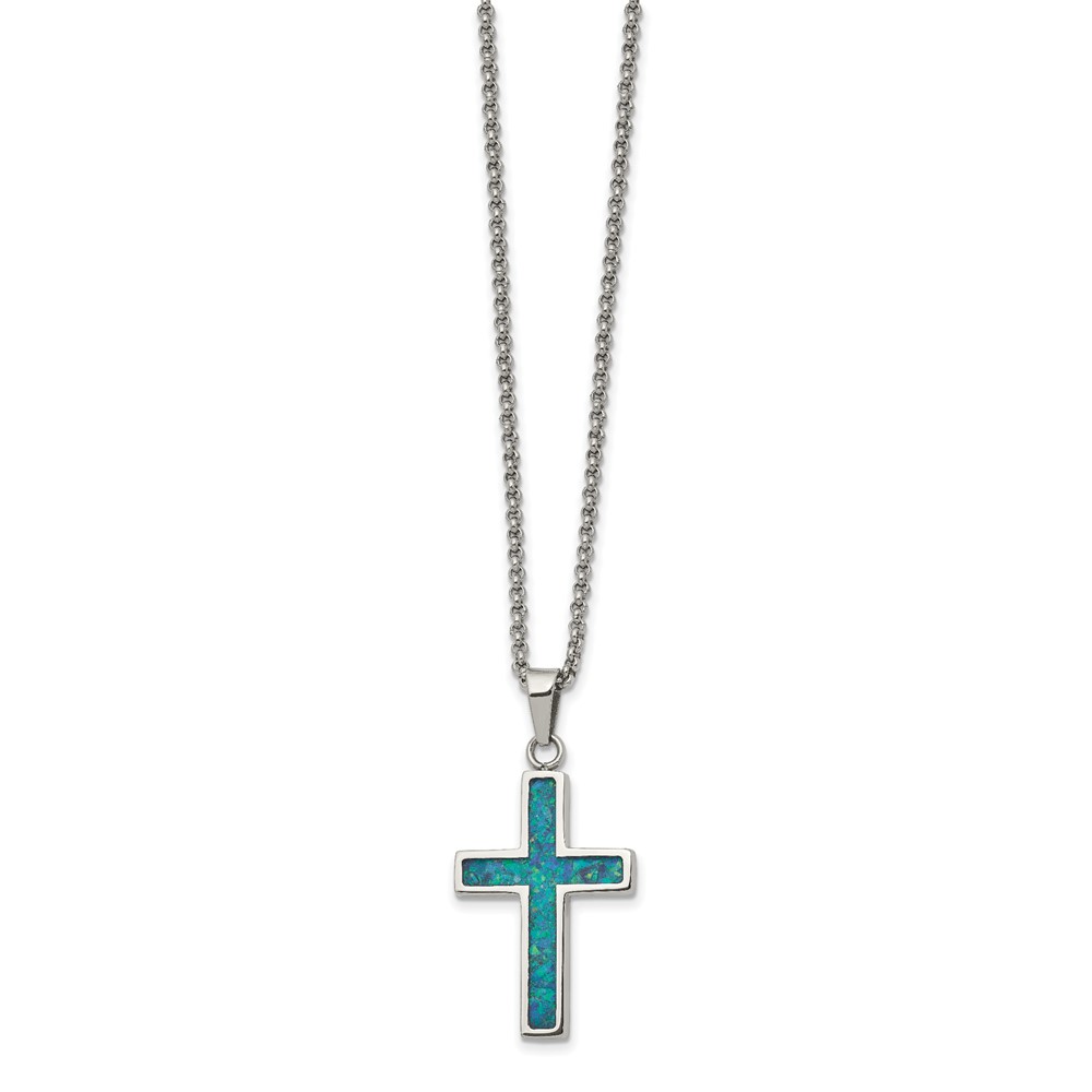 Stainless Steel Polished w/Imitation Opal Small Cross 22in Necklace